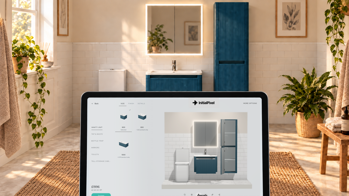 Assembler on a tablet in front of a bathroom